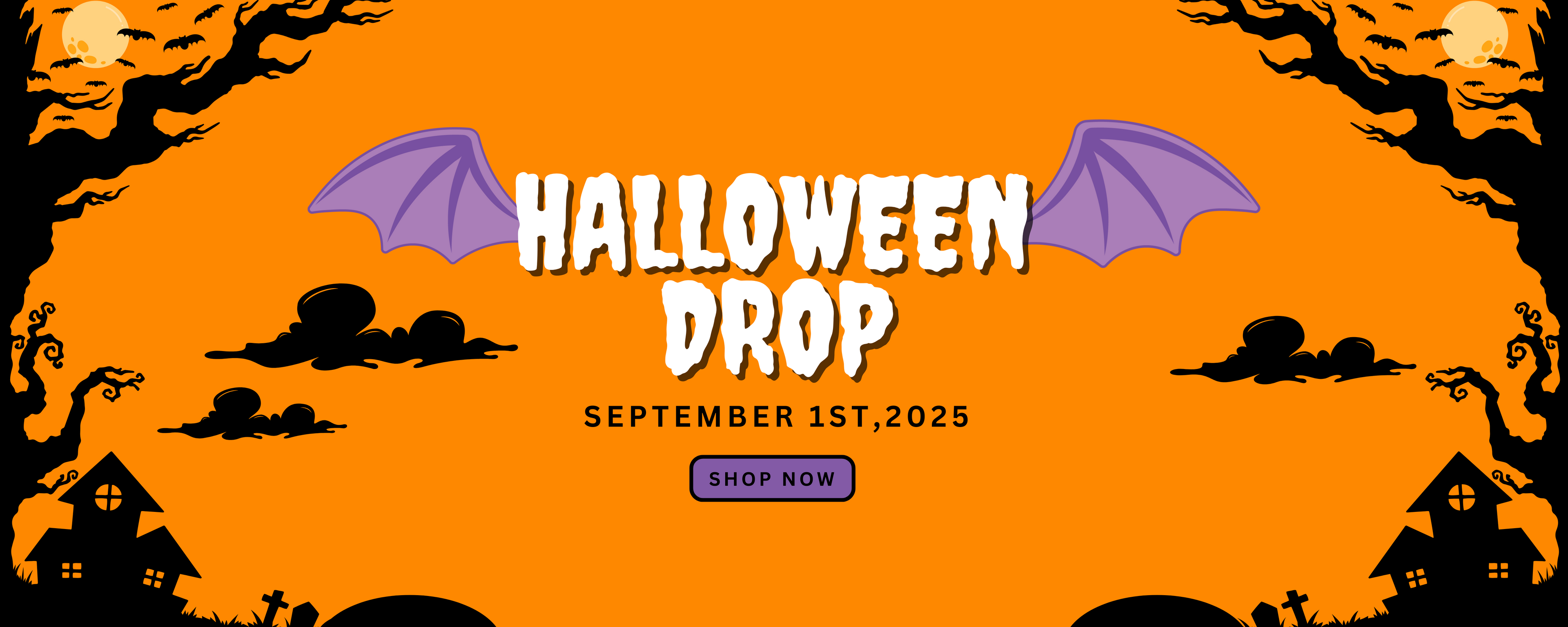 Halloween-themed promotional banner with bats, pumpkins, and a haunted house silhouette on an orange background.