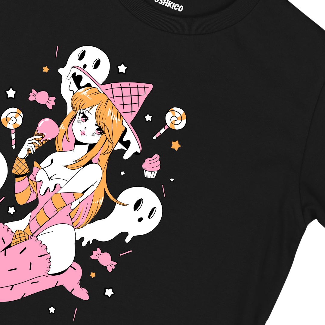 Black t-shirt with cartoon design featuring a girl and ghosts, brand 'Oshkico' visible.