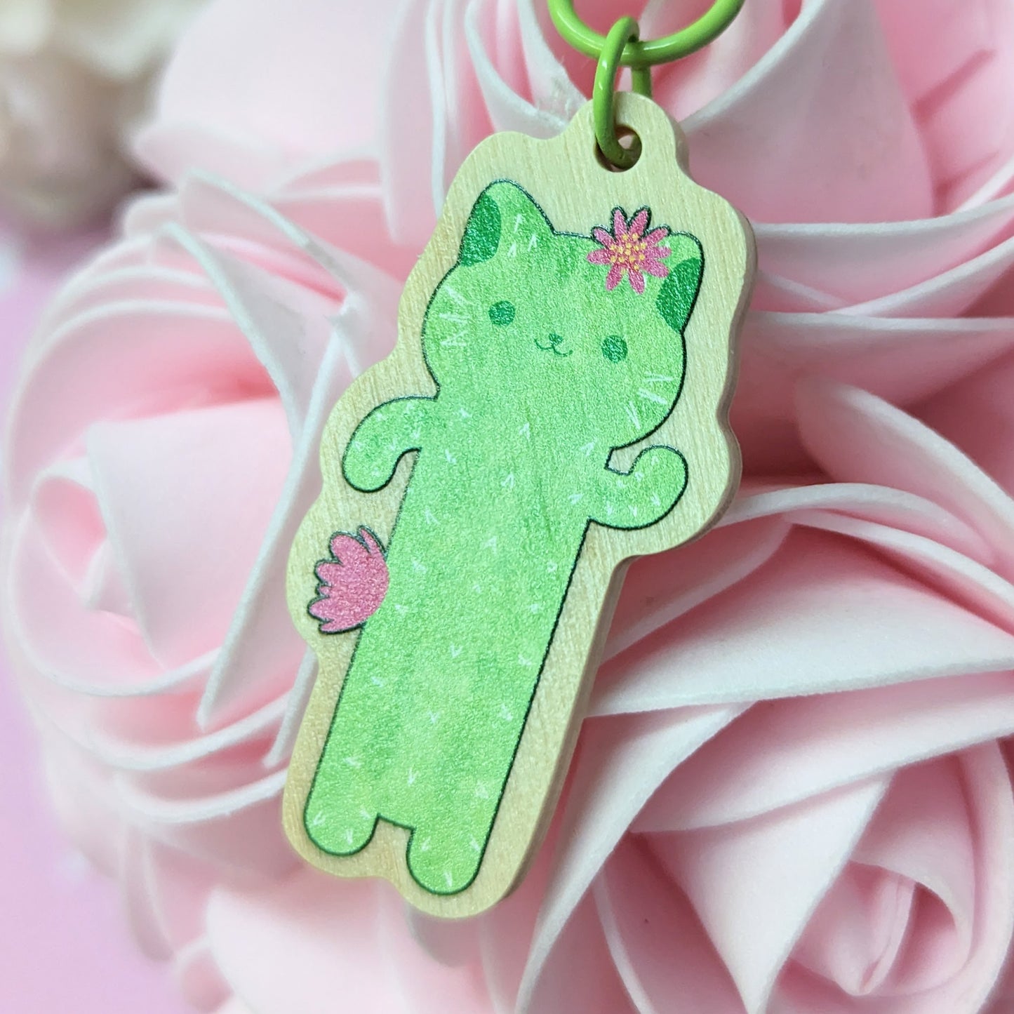 Cactus Cat Wooden Keychain