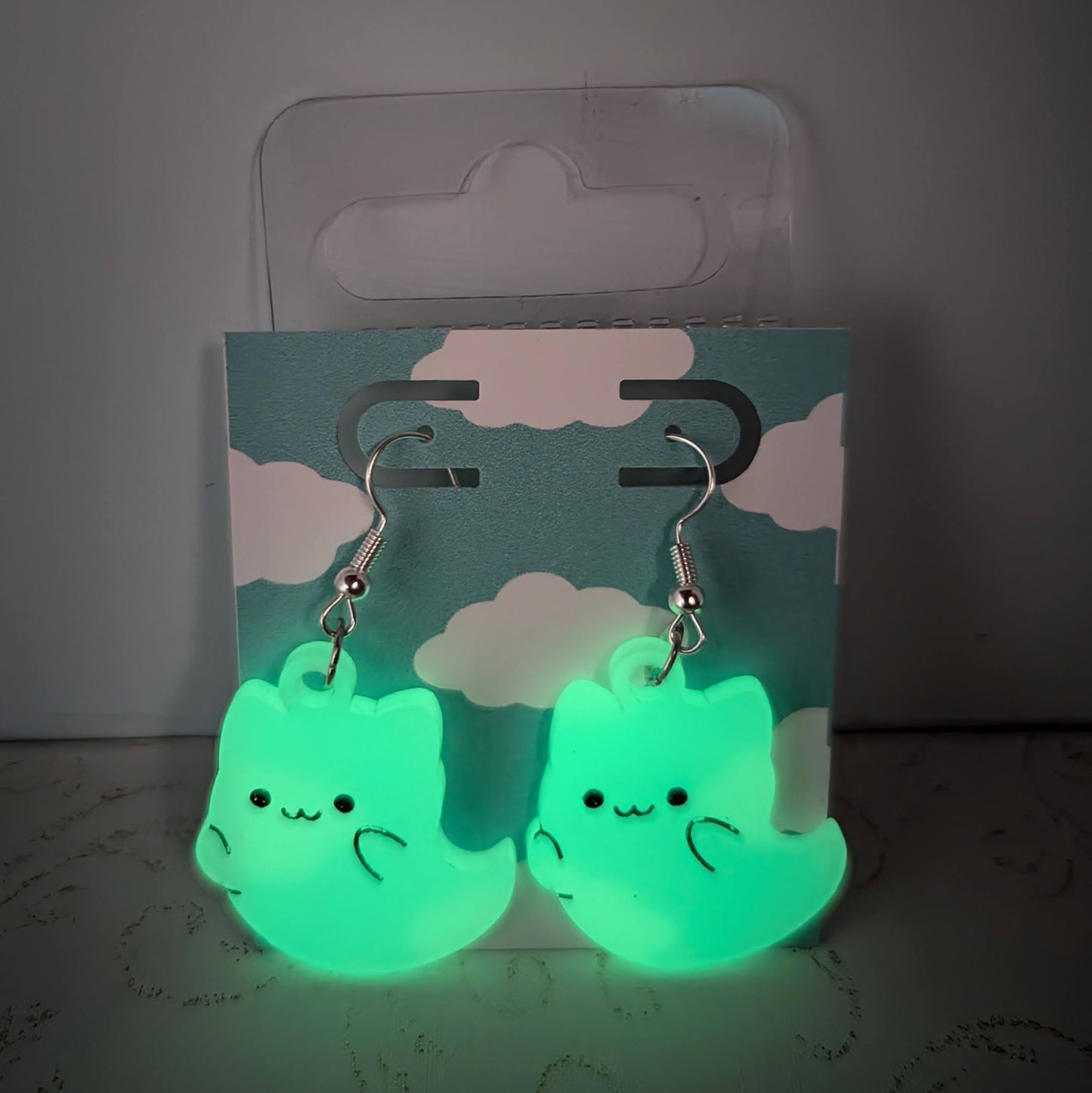 Glow-in-the-dark Ghost Cat Earrings