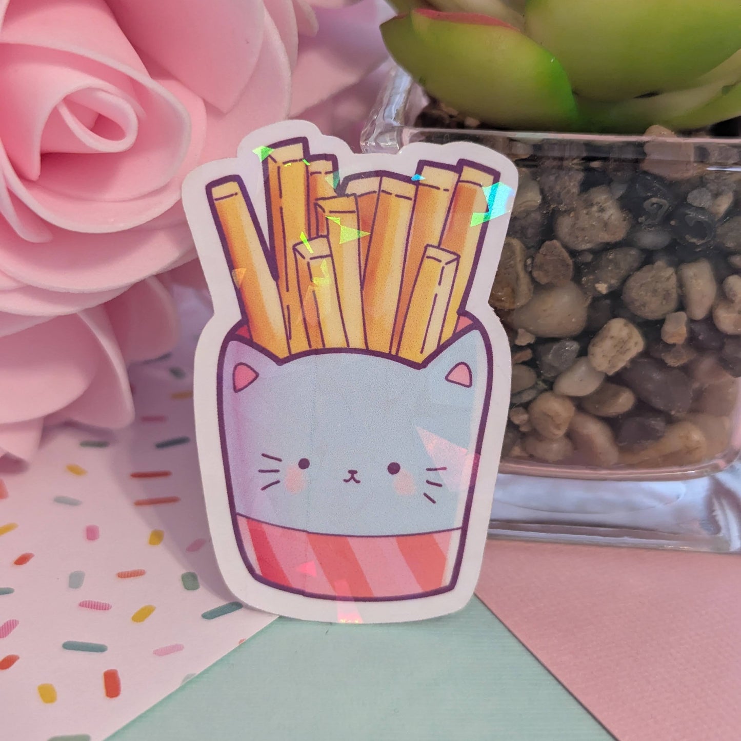 French Fry Kitty Fast Food Holographic Sticker