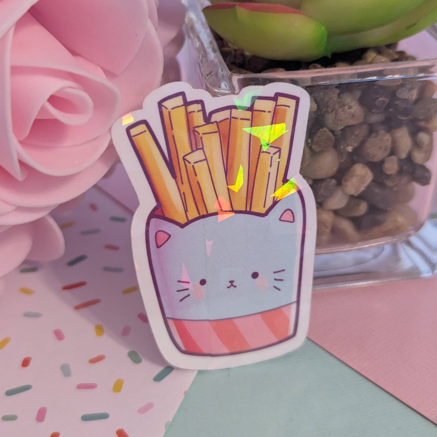 French Fry Kitty Fast Food Holographic Sticker