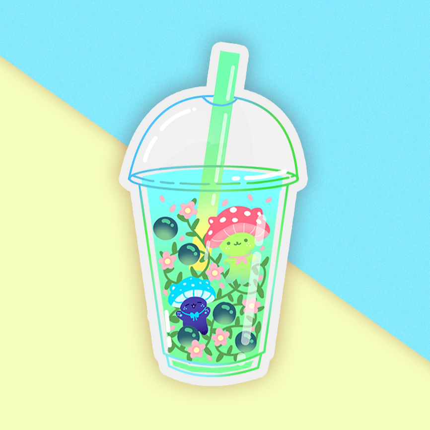 Green Boba with Nova the Mushroom Cute Holographic Sticker