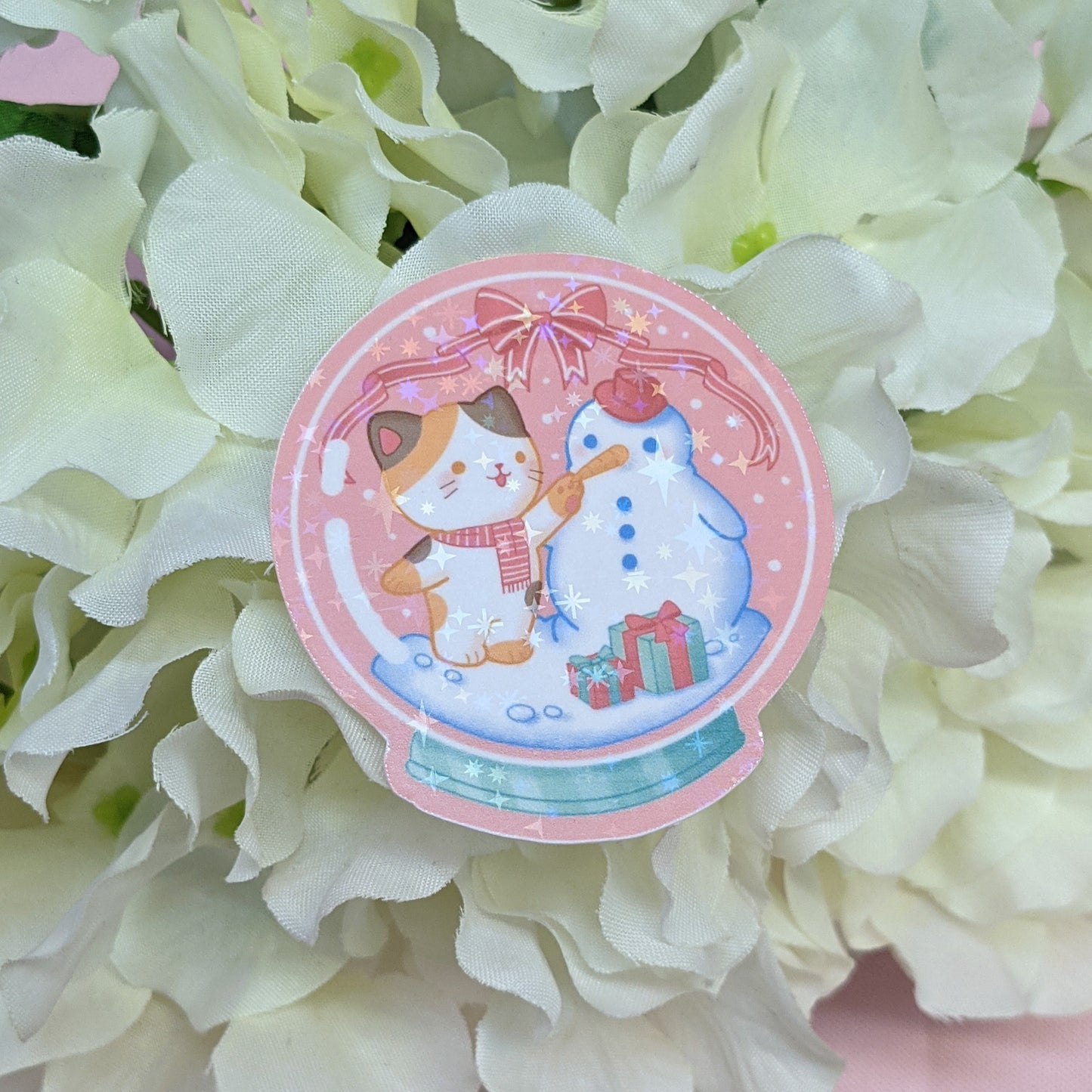 Holiday Snow Globe Snow Man Holographic Kitty Sticker