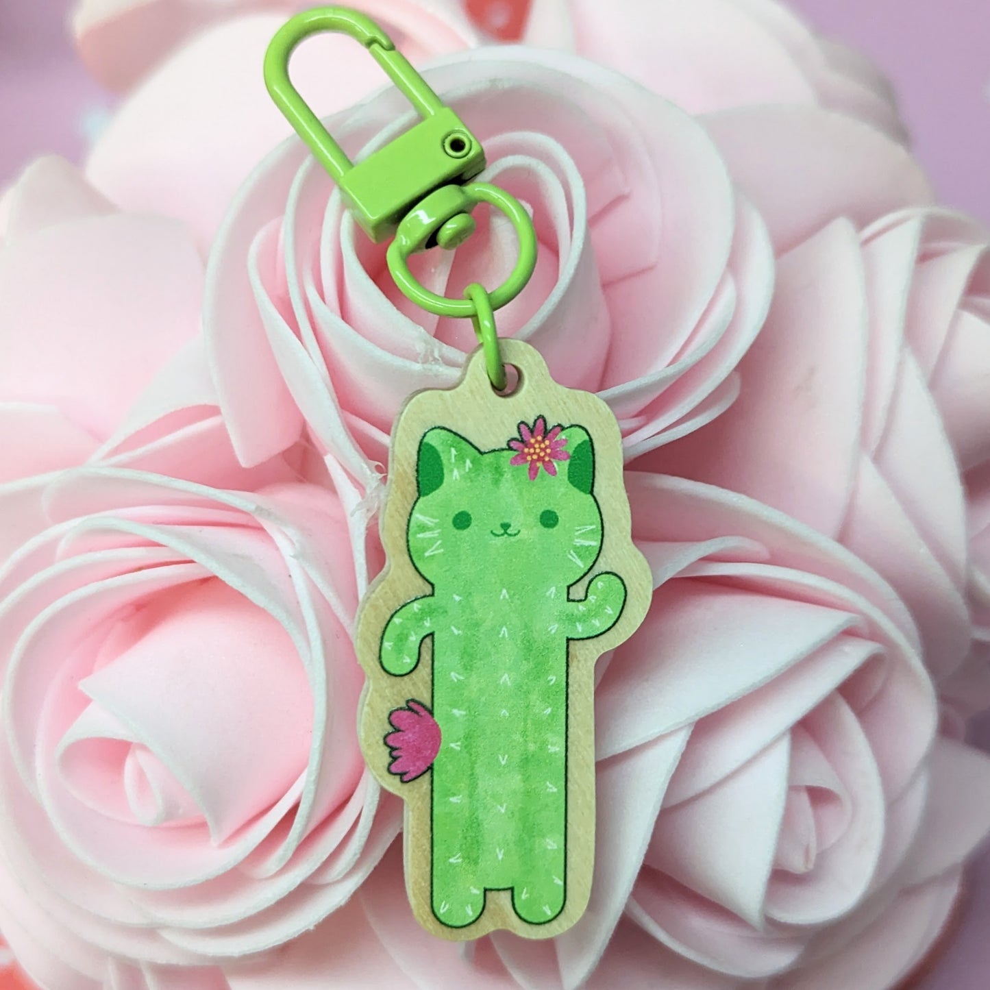 Cactus Cat Wooden Keychain