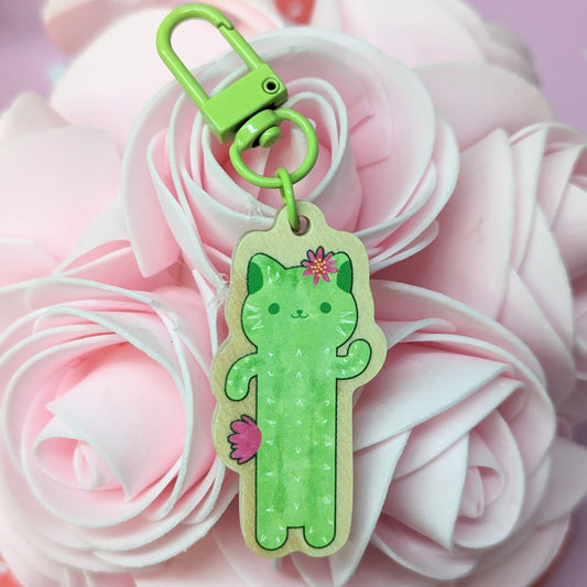 Cactus Cat Wooden Keychain