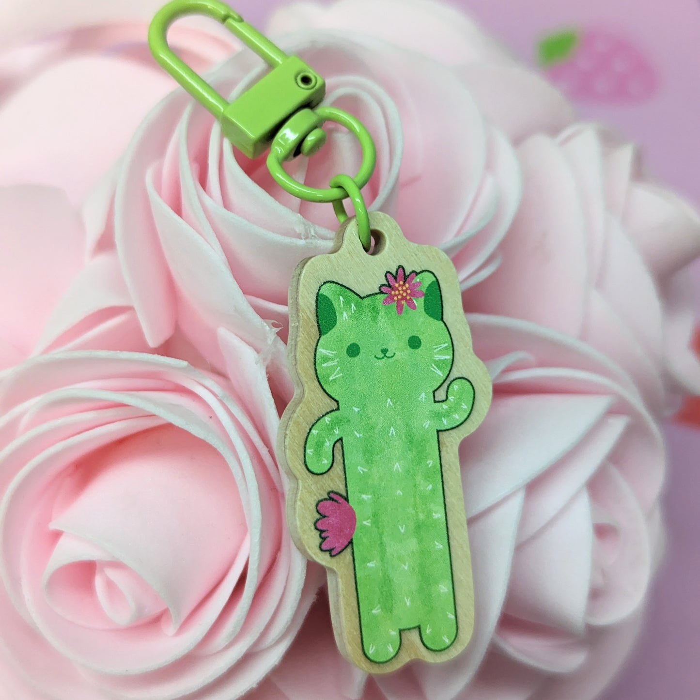 Cactus Cat Wooden Keychain