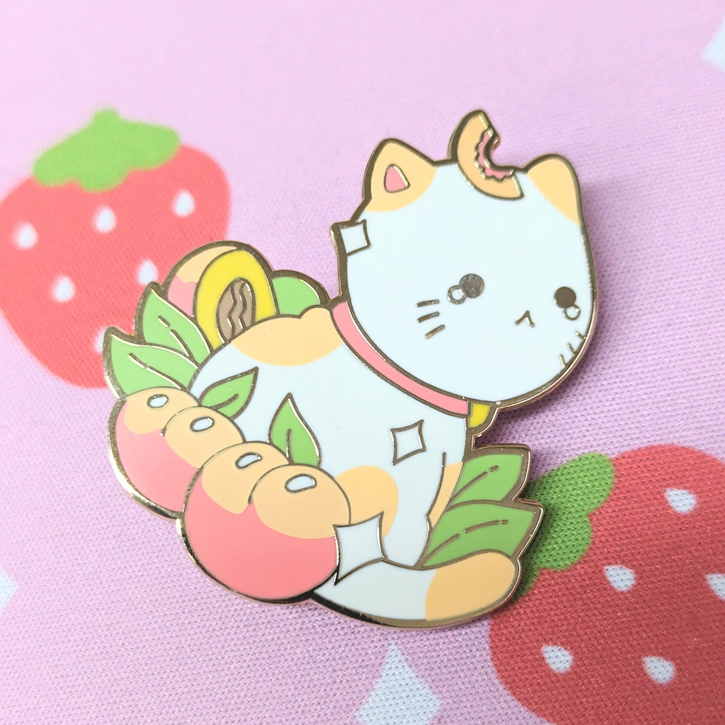 White and Orange Peach Cat Fruit Kitty Enamel Pin