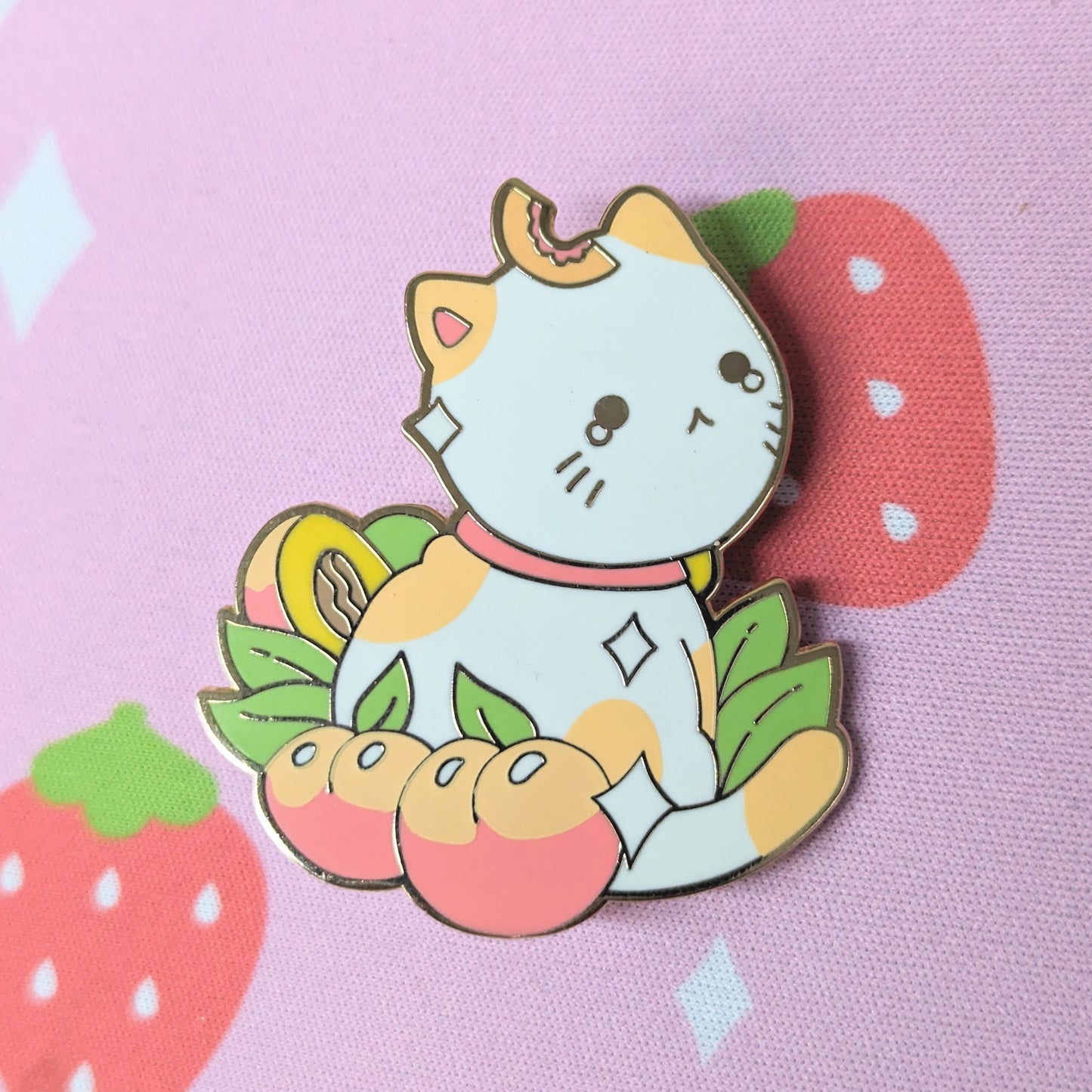 White and Orange Peach Cat Fruit Kitty Enamel Pin
