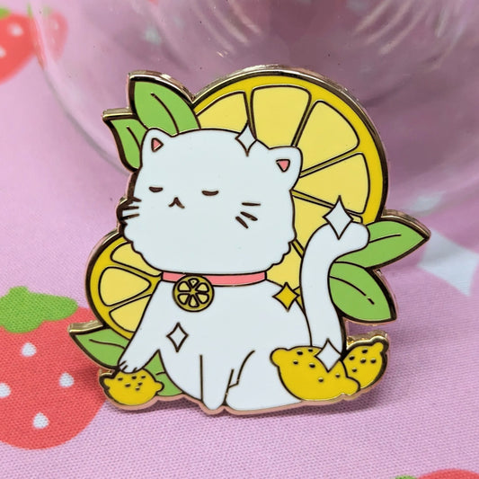 2" White Lemon Cat Fruit Kitty Enamel Pin
