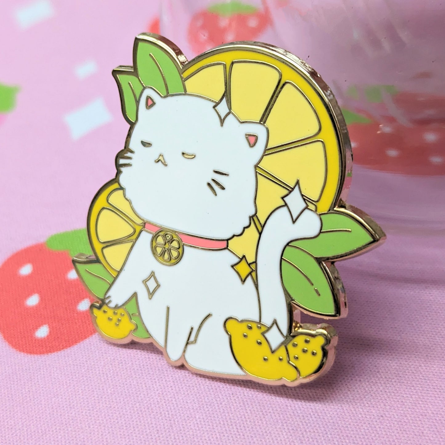 2" White Lemon Cat Fruit Kitty Enamel Pin
