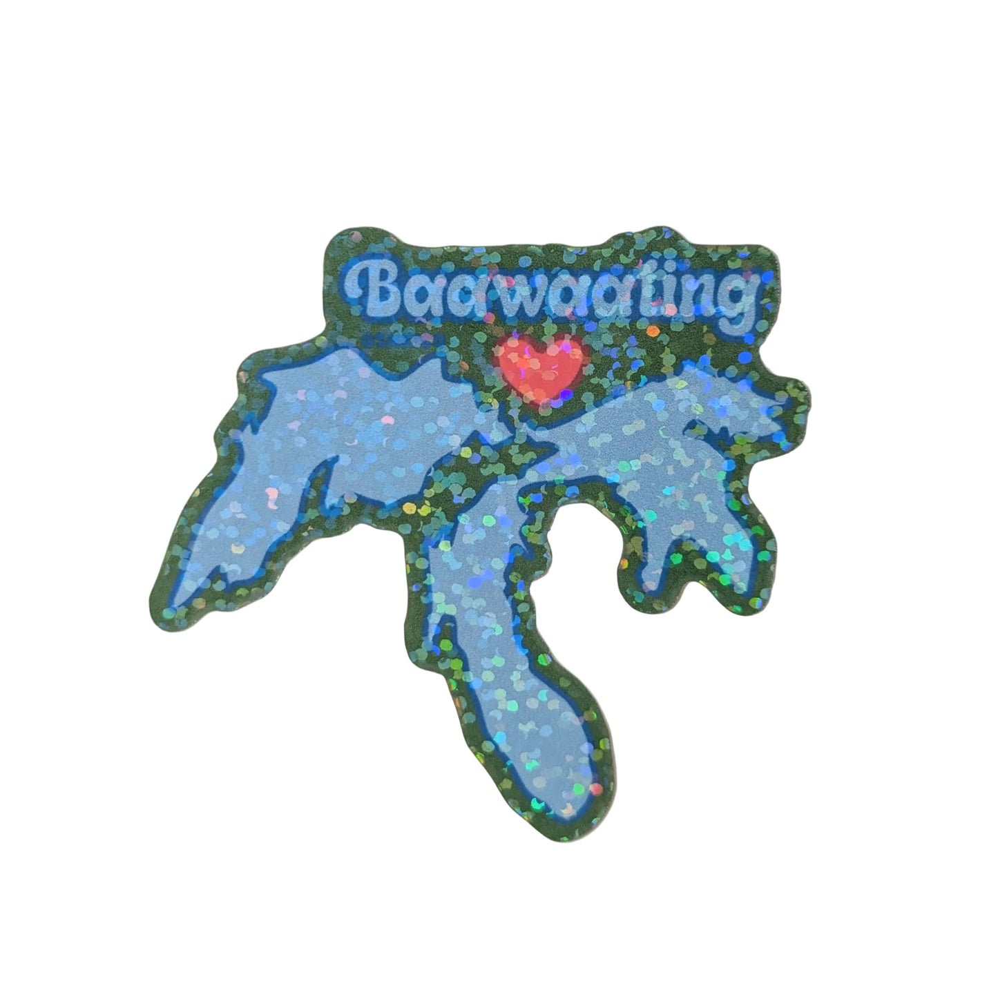 Sticker shaped like a state with 'Baawaating' text and a heart on a white