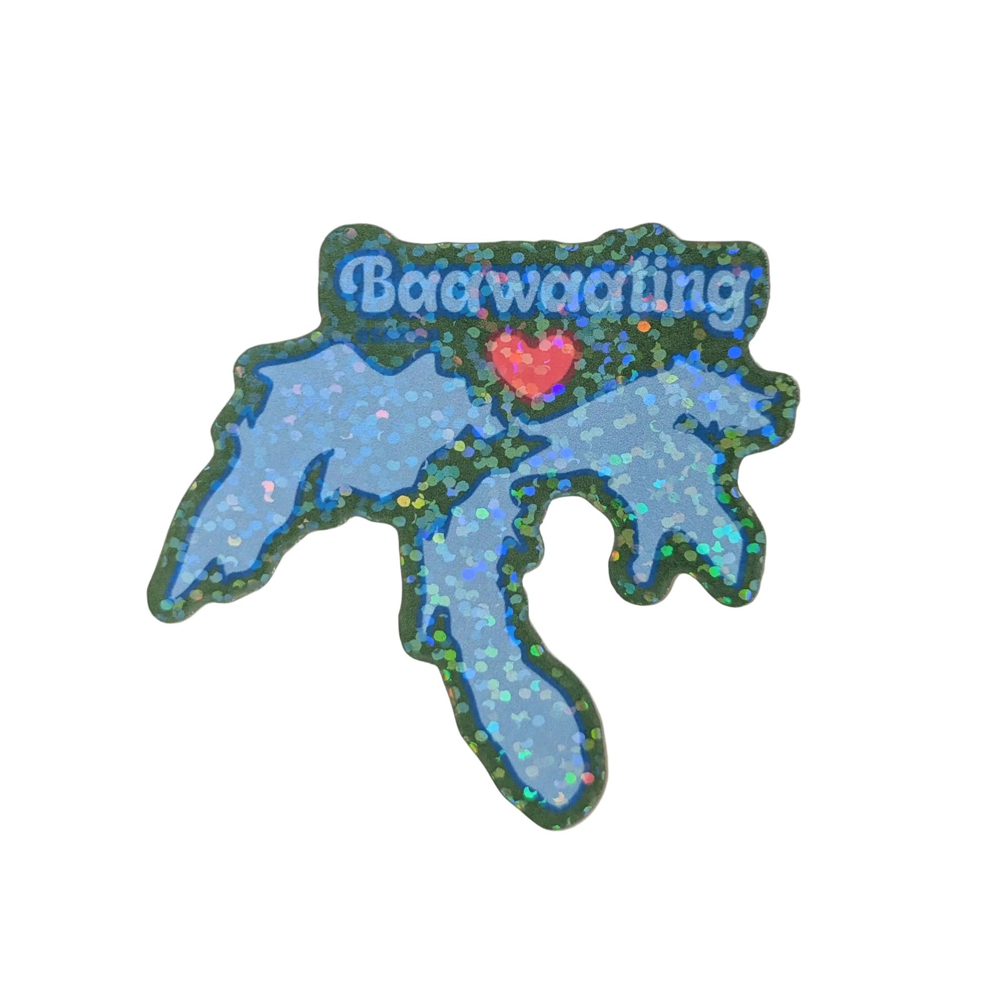 Sticker shaped like a state with 'Baawaating' text and a heart on a white