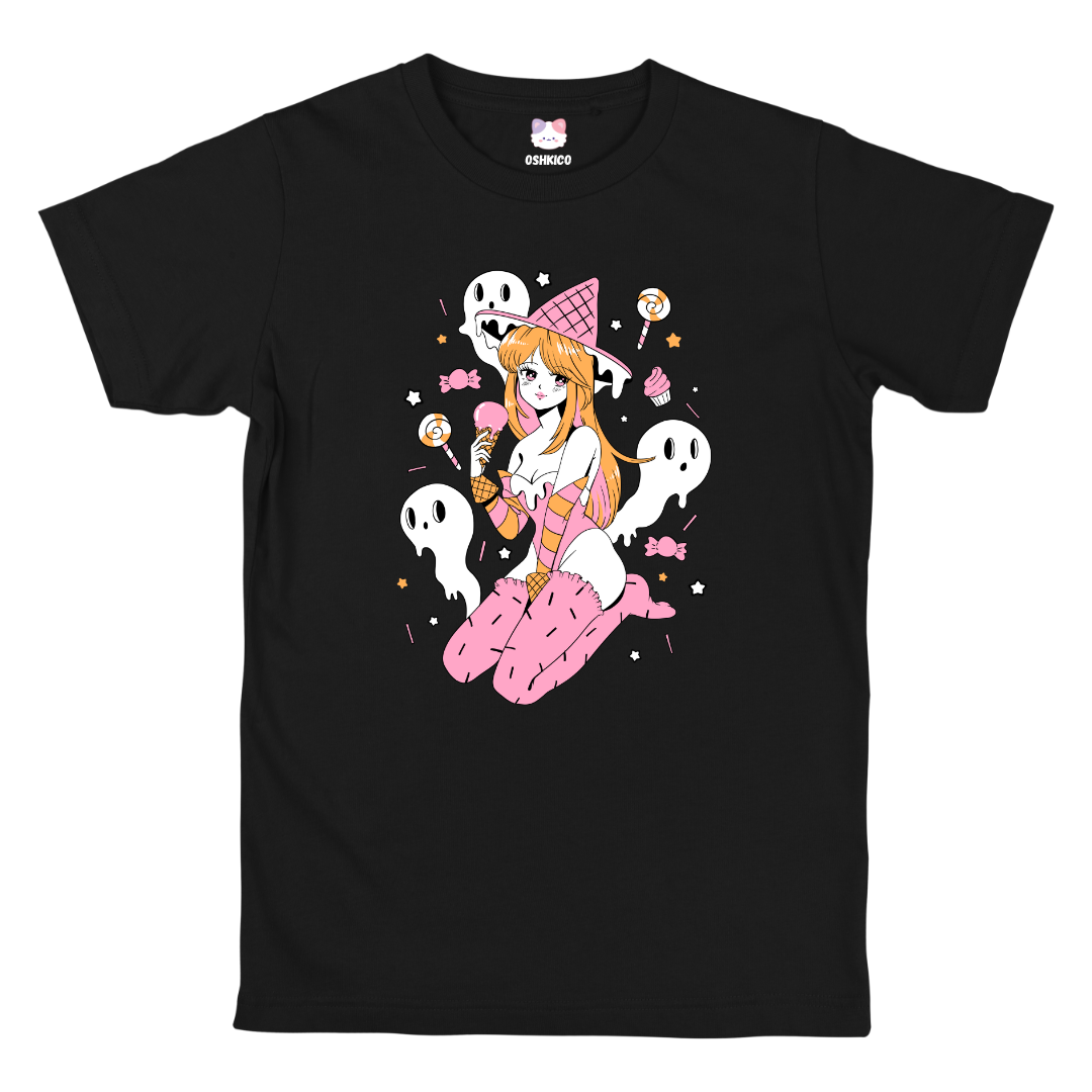black t shirt with a witch surrounded by candy