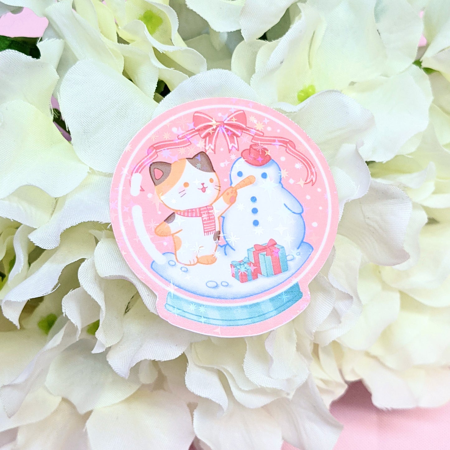 Holiday Snow Globe Snow Man Holographic Kitty Sticker