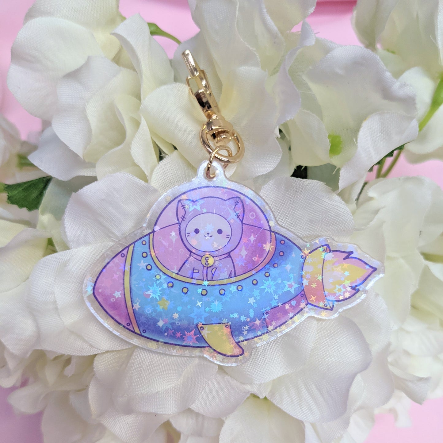 Space Ship Planet Nova Marsh the Astronaut Kawaii Sparkly Cat Keychain