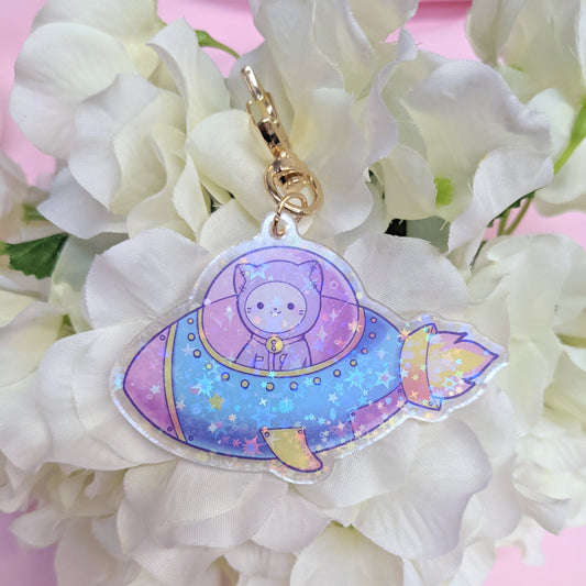 Space Ship Planet Nova Marsh the Astronaut Kawaii Sparkly Cat Keychain