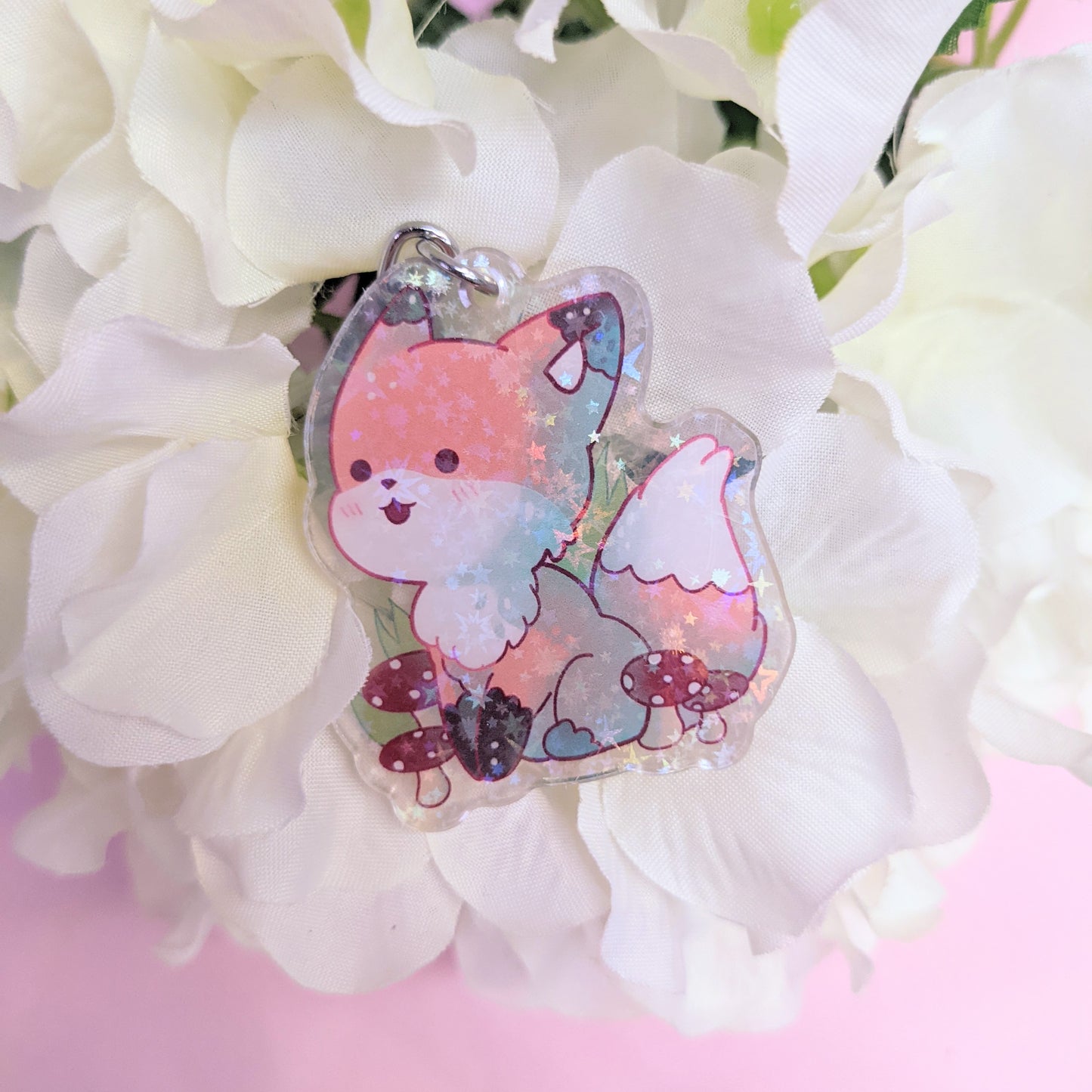 Mushroom Fox Kawaii Holographic Keychain