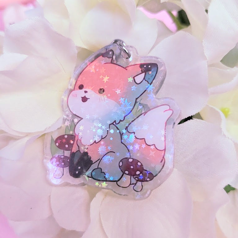 Mushroom Fox Kawaii Holographic Keychain