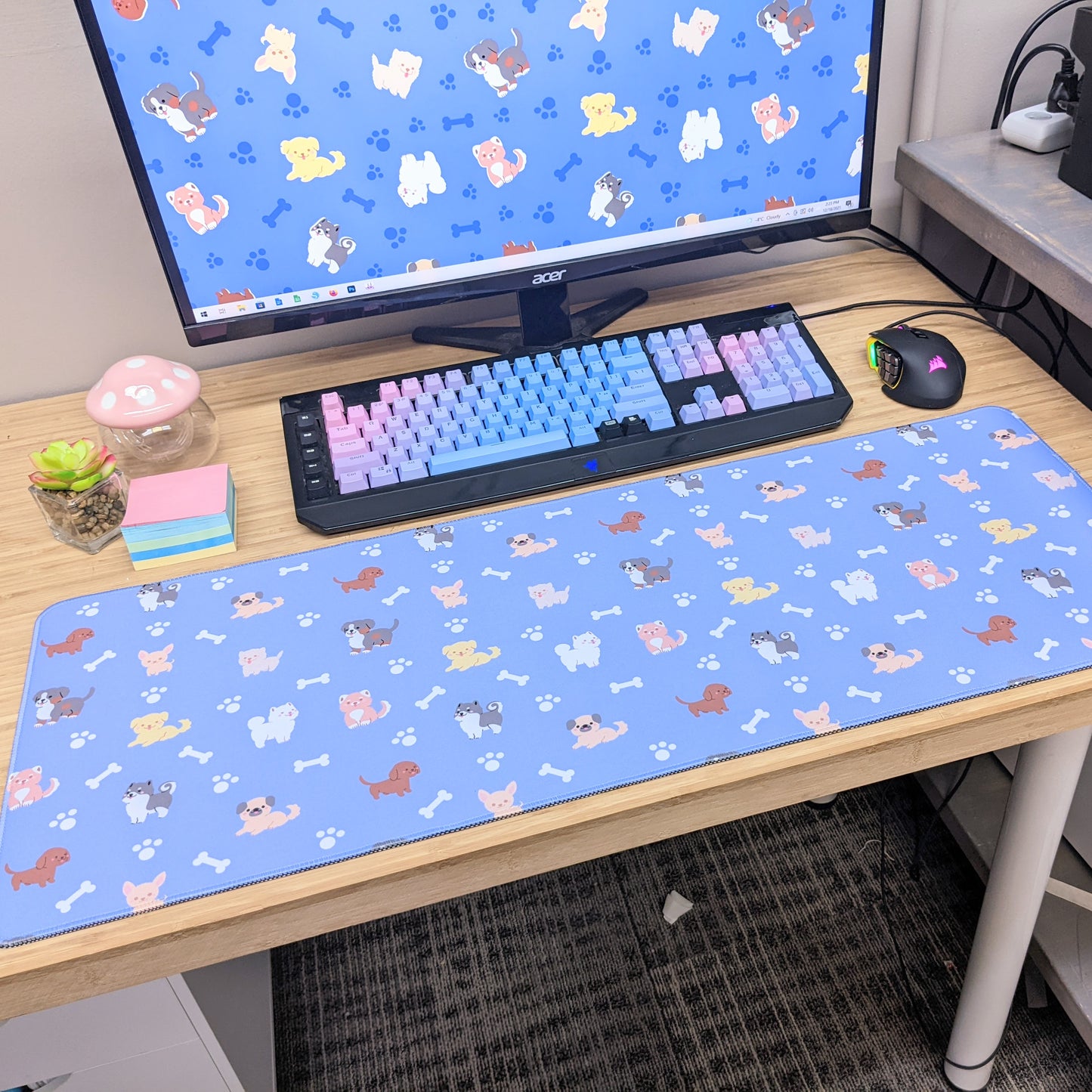 Blue Puppy Dog Paw Print Gamer Desk Mat