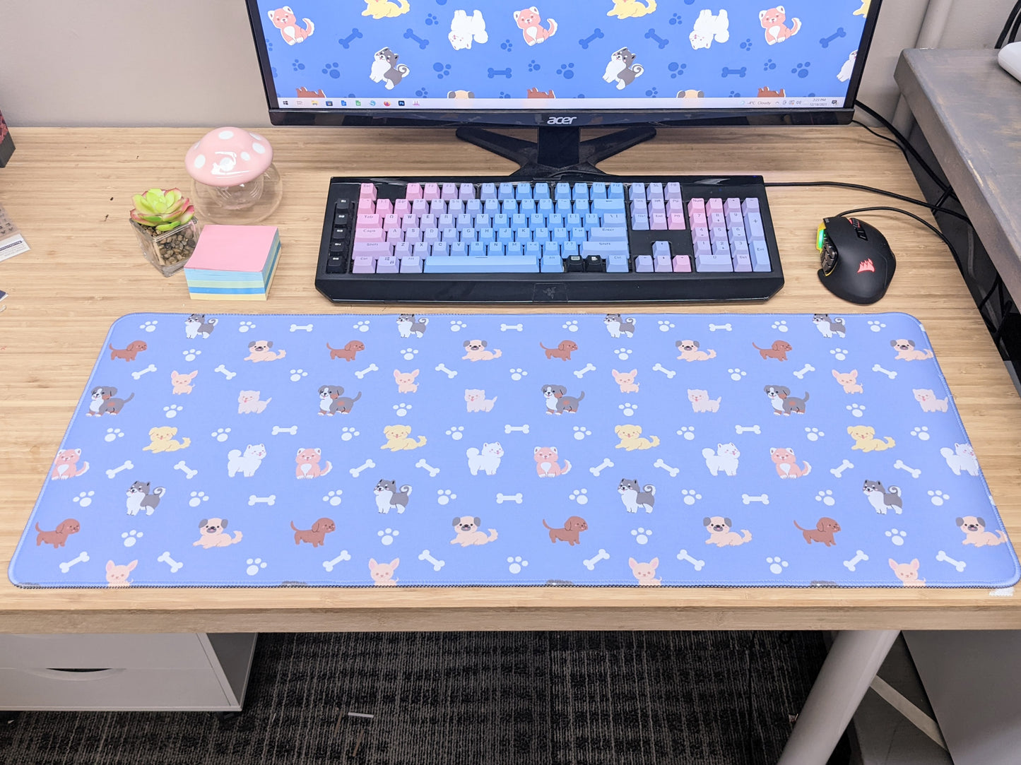 Blue Puppy Dog Paw Print Gamer Desk Mat