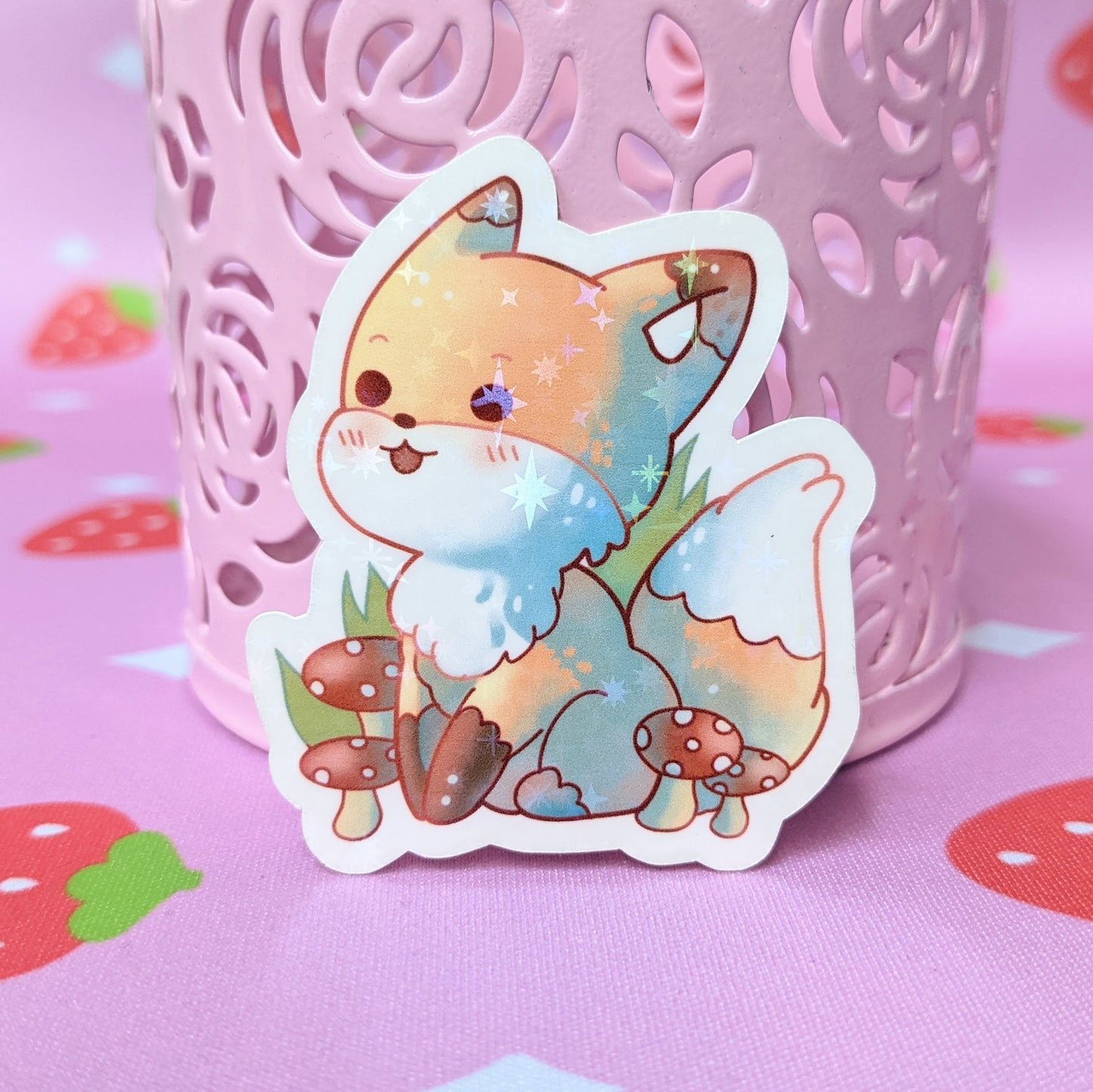 Mushroom Fox Sticker ~ Fall Time ~ Cute Holographic Waterproof Die Cut Sticker