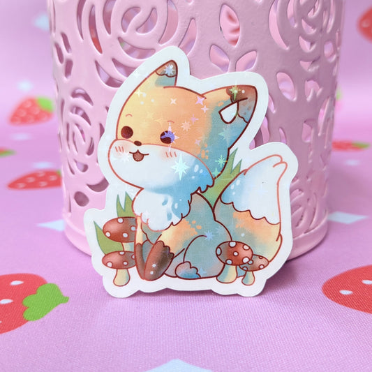 Mushroom Fox Sticker ~ Fall Time ~ Cute Holographic Waterproof Die Cut Sticker