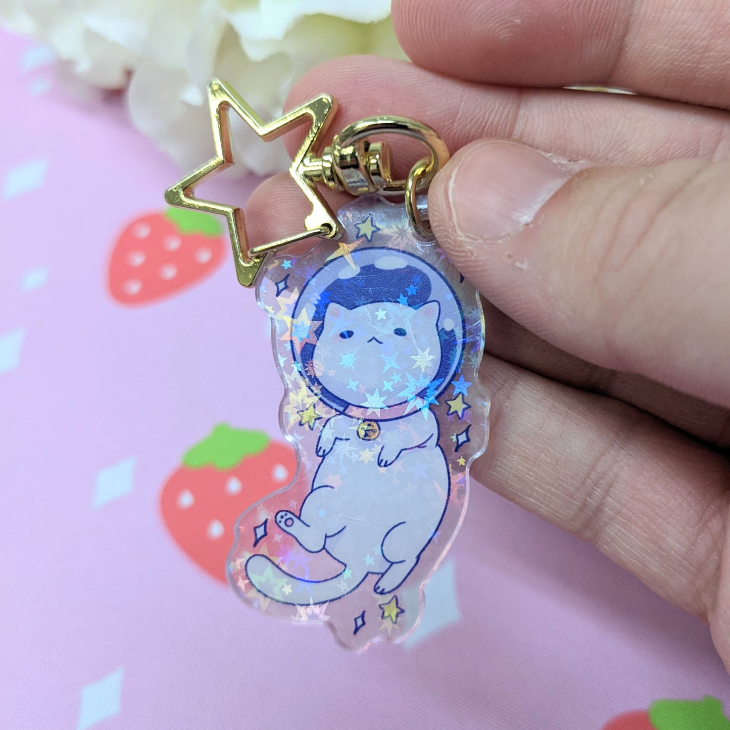 Space Cat Kitty Kawaii Holographic Acrylic Keychain