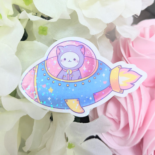 Marsh the Astronaut Cat Spaceship Holographic Sticker