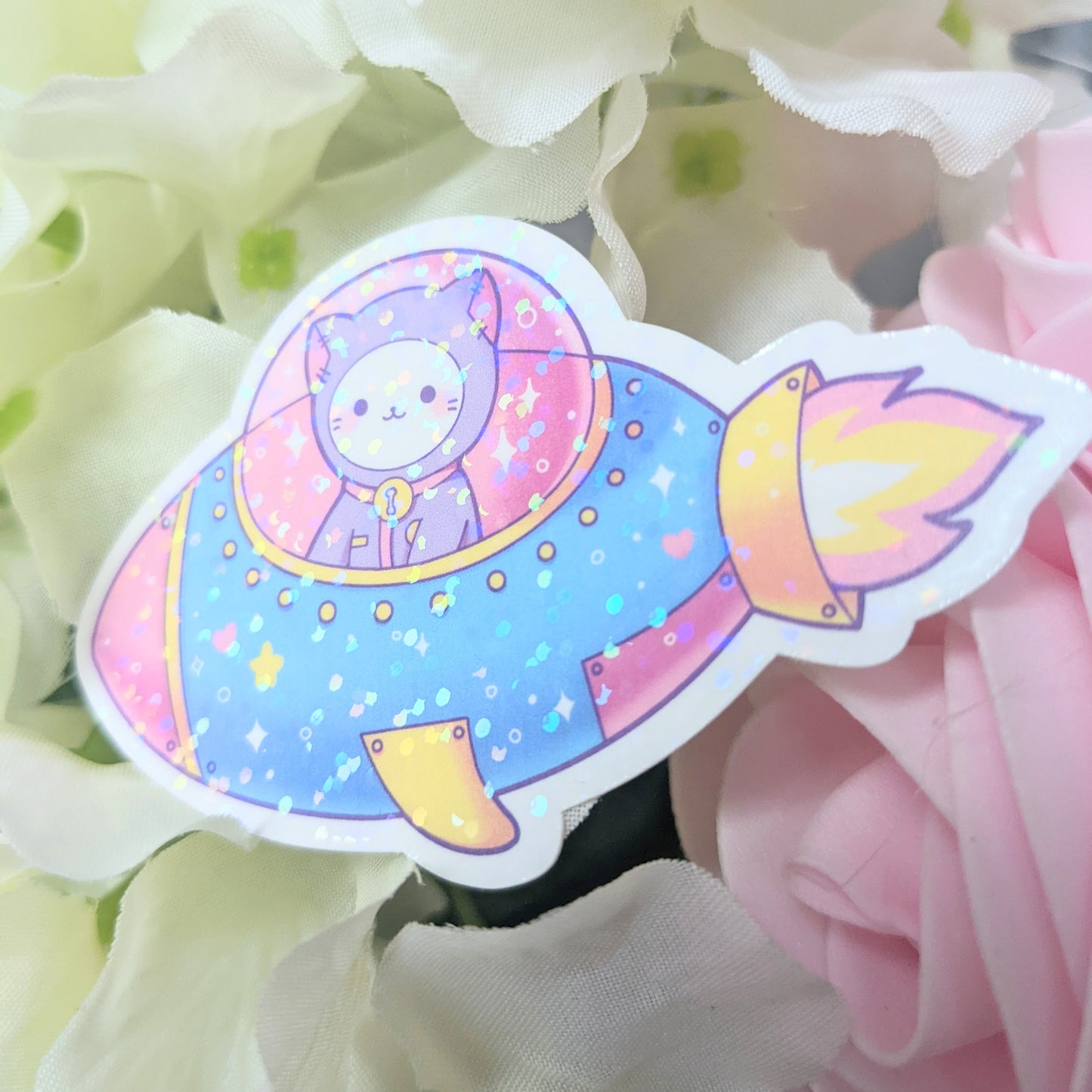 Marsh the Astronaut Cat Spaceship Holographic Sticker
