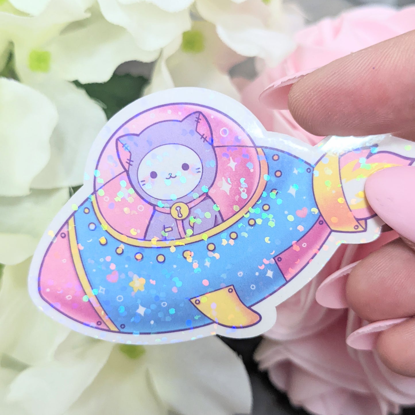 Marsh the Astronaut Cat Spaceship Holographic Sticker