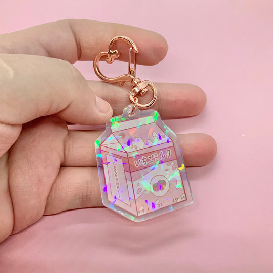 Strawberry Milk Kawaii Pastel Holographic Anime Drink Acrylic Keychain
