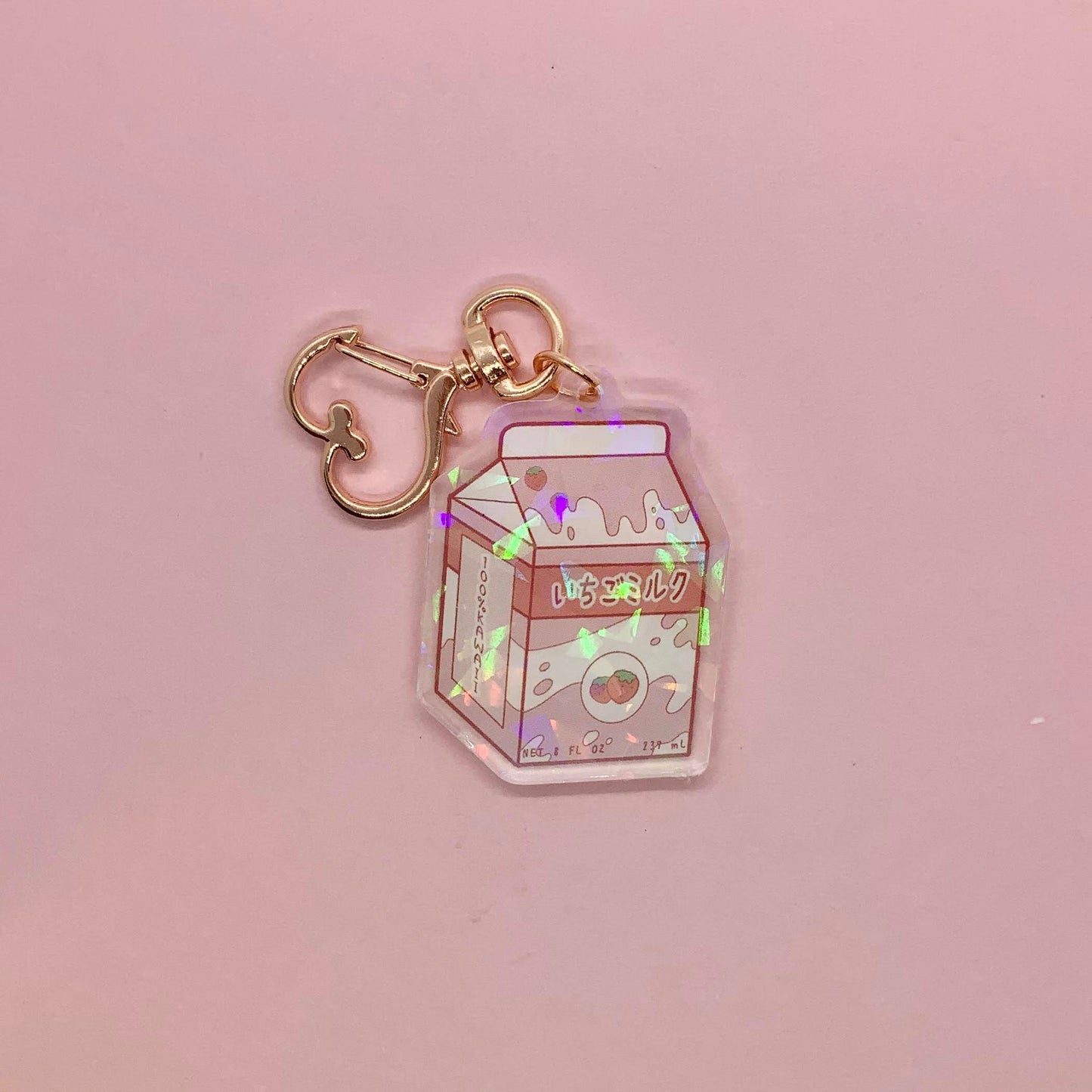 Strawberry Milk Kawaii Pastel Holographic Anime Drink Acrylic Keychain