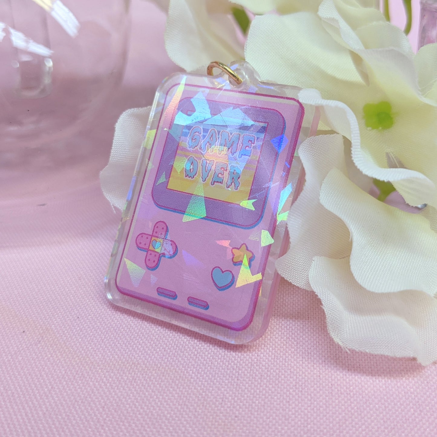 Retro Game Boy Handheld Console Kawaii Holographic Acrylic Keychain
