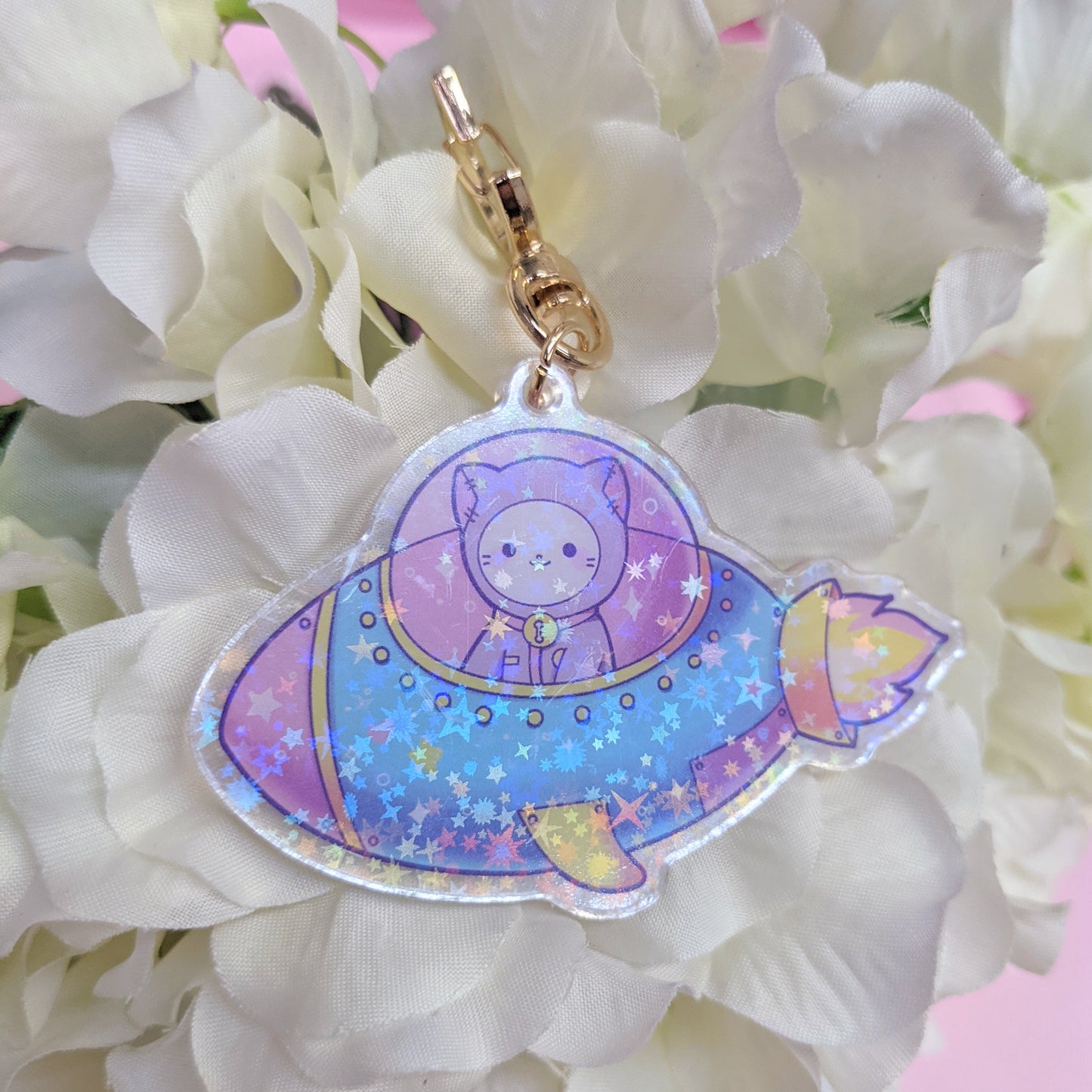 Space Ship Planet Nova Marsh the Astronaut Kawaii Sparkly Cat Keychain