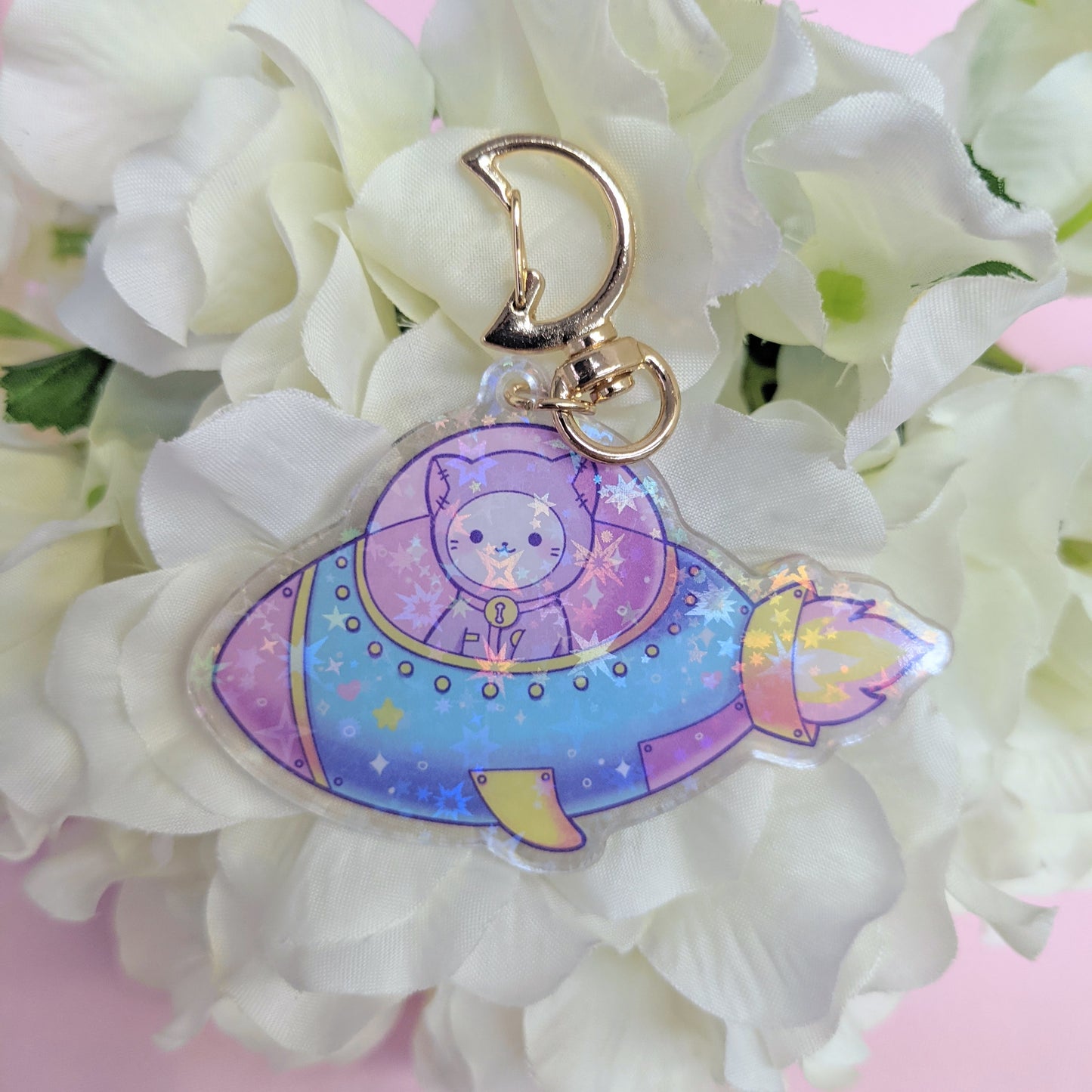 Space Ship Planet Nova Marsh the Astronaut Kawaii Sparkly Cat Keychain